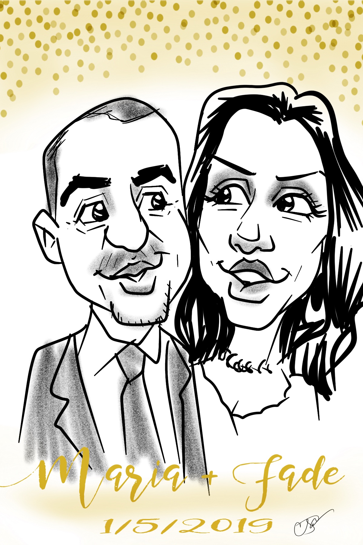 Digital caricature of a couple at a wedding reception