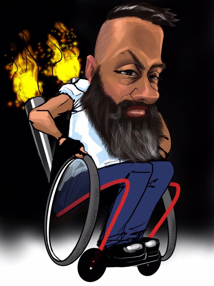 Digital caricature of a bearded man in a hotrod wheelchair