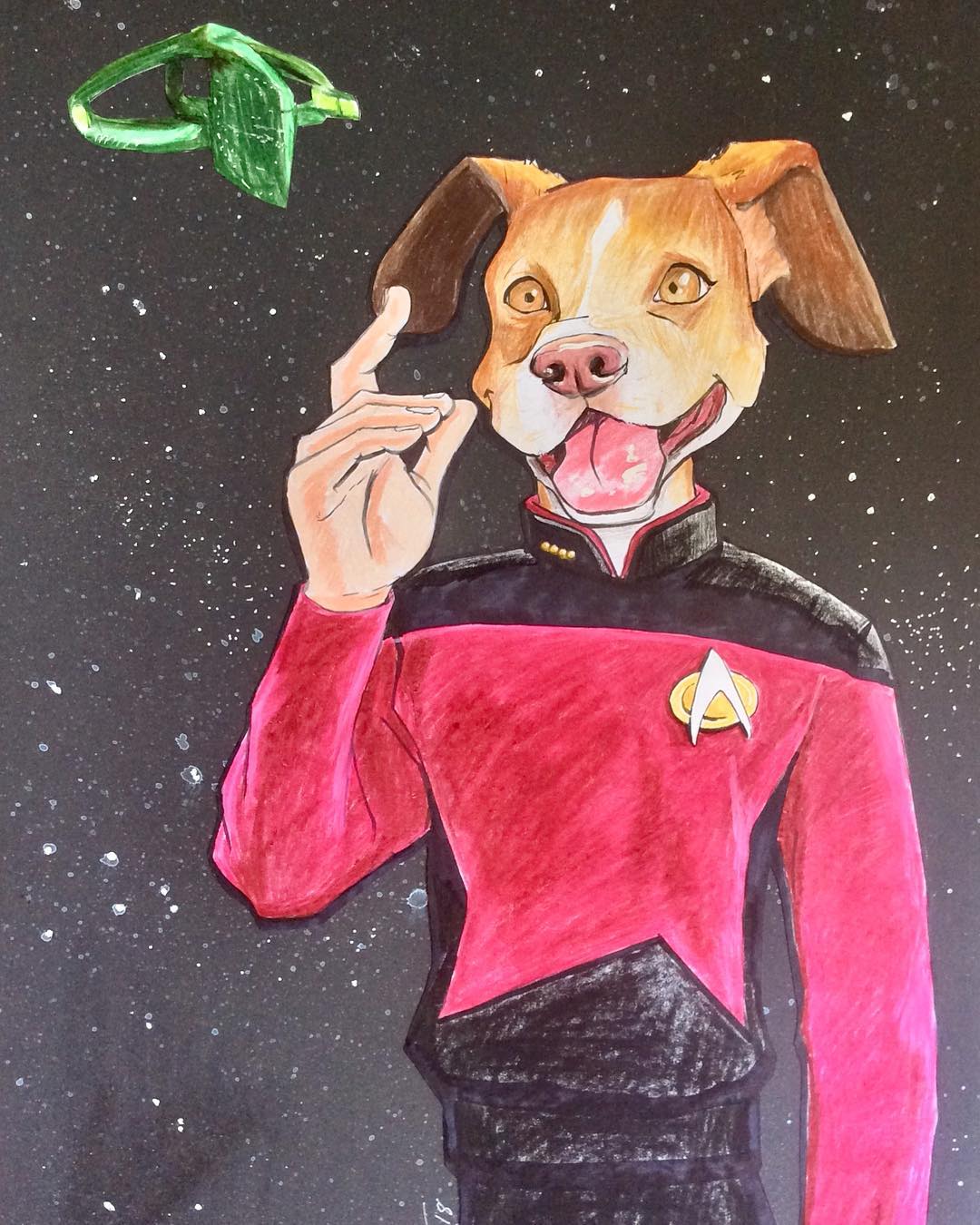 custom caricature commission of a happy dog in a Starfleet uniform in front of a starfield with a Romulan bird-of-prey in the distance.