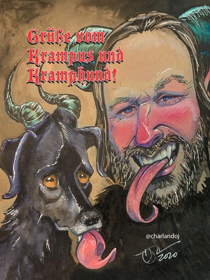 custom caricature commission of a man and his dog as Krampus