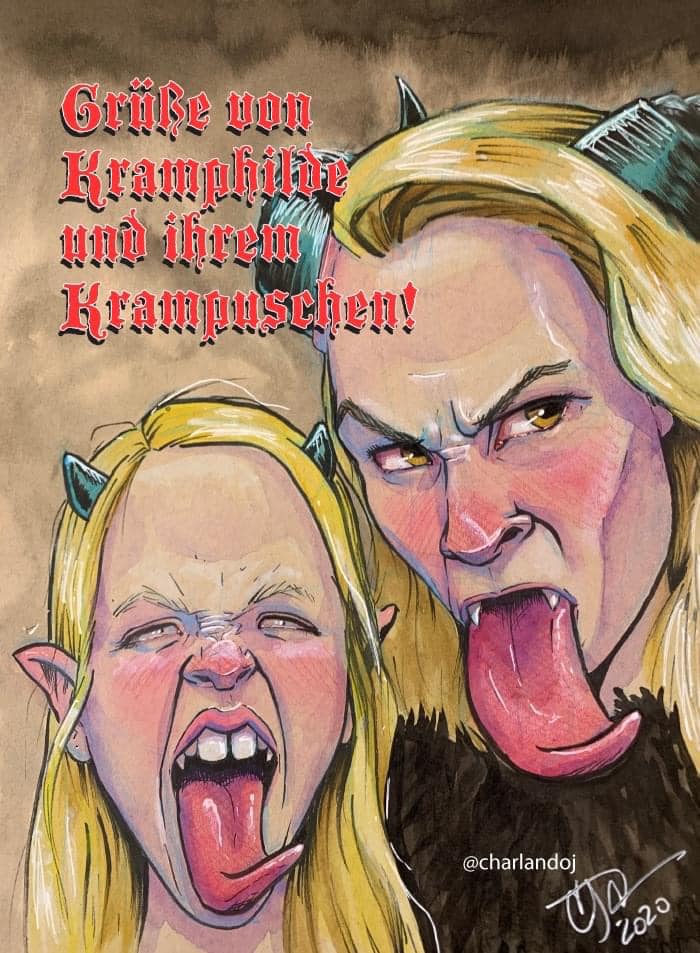 custom caricature commission of a woman and her daughter as Krampus