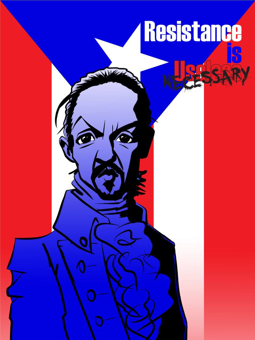 Stylized digital caricature of Lin-Manuel Miranda as Alexander Hamilton in front of Puerto Rican flag