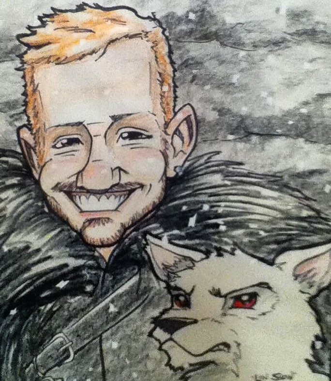 Caricature of a redheaded man as Jon Snow with a white wolf