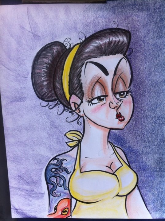 Caricature of a woman with octopus tattoos.