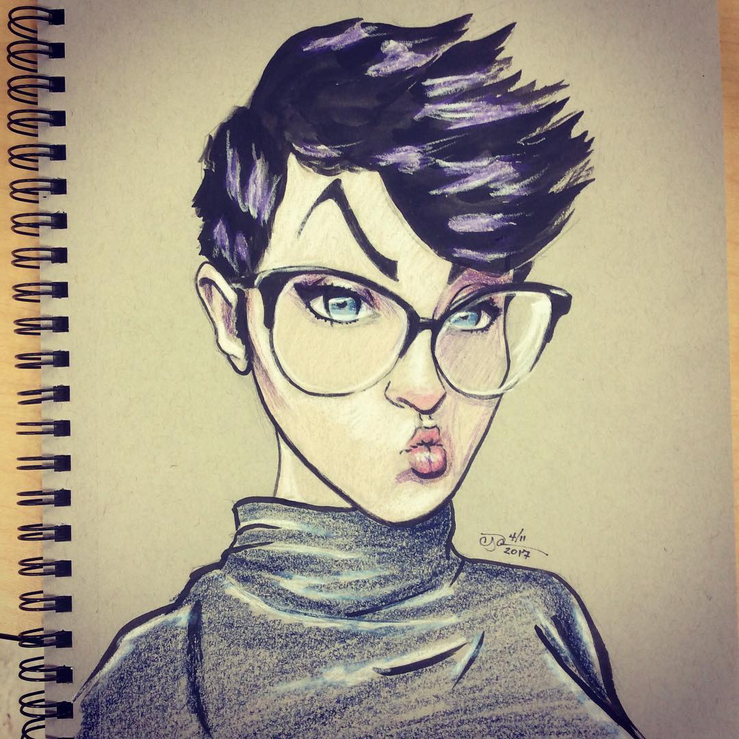 Stylized portrait of a woman with glasses puckering her lips.