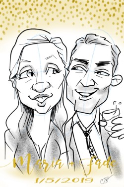 <em>Emily & Andrew,</em> 2020. Digital. Digital caricature of a couple at a wedding reception