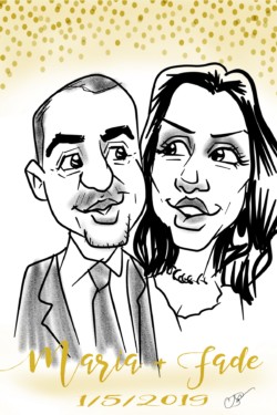 <em>Nabil & Jane,</em> 2020. Digital. Digital caricature of a couple at a wedding reception