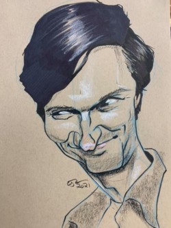 <em>Captain Hawkeye Pierce,</em> 2021. Ink and colored pencil on toned ground paper. Caricature of Alan Alda