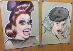 <em>Bianca and Max</em>, 2015. Colored pencil on toned ground paper. Stylized portraits of Bianca Del Rio and Max