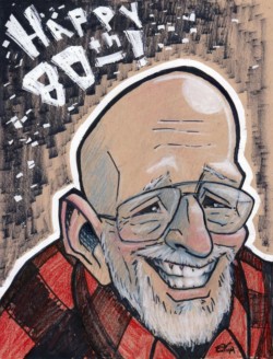 <em>Happy 80th, Dave!</em>, 2014. Marker, colored pencil, and correction tape on toned ground paper. Caricature of a smiling 80-year-old man