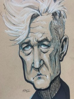 <em>David Lynch,</em> 2021. Ink and colored pencil on toned ground paper. Caricature of David Lynch