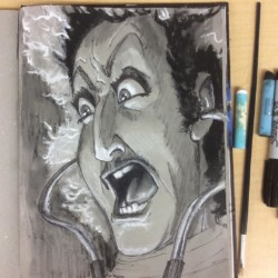 <em>It's Alive!</em>, 2013. Ink and wax pastels on toned ground paper. Caricature of Gene Wilder as Dr. Frederick Frankenstein