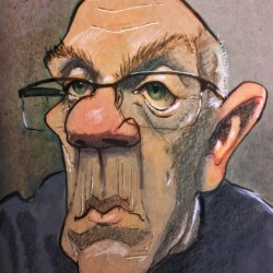 <em>Richard,</em> 2018. Graphite and ink on toned ground paper with digital color. Mixed media caricature of a man in glasses