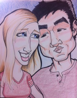 <em>Eve & Richard,</em> 2014. Marker and colored pencil on paper. Caricature of a happy couple
