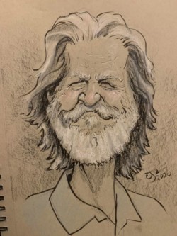 <em>Jeff Bridges,</em> 2020. Ink and colored pencil on toned ground paper. Caricature of Jeff Bridges