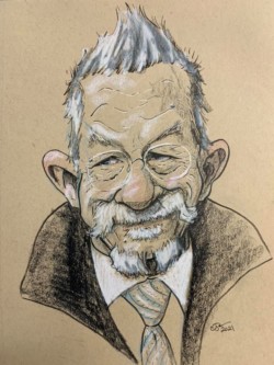 <em>John Hurt,</em> 2021. Ink and colored pencil on toned ground paper. Caricature of John Hurt