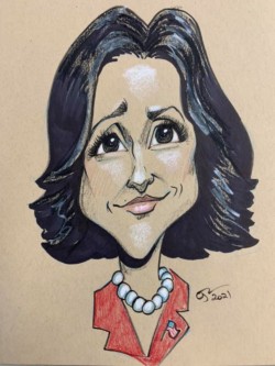 <em>Veep,</em> 2021. Ink and colored pencil on toned ground paper. Caricature of Julia Louis-Dreyfus as Selina Meyer