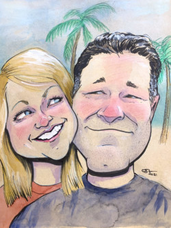 <em>Kim & Mike,</em> 2021. Ink, watercolor, and colored pencil on toned ground paper. custom caricature commission of a couple at the beach