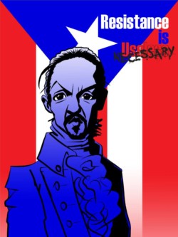 <em>Resistance: Lin-Manuel,</em> 2018. Digital. Stylized digital caricature of Lin-Manuel Miranda as Alexander Hamilton in front of Puerto Rican flag