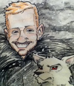 <em>Lon Snow</em>, 2014. Ink and colored pencil on paper. Caricature of a redheaded man as Jon Snow with a white wolf