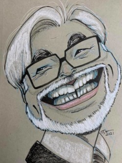 <em>Hayao Miyazaki,</em> 2021. Ink and colored pencil on toned ground paper. Caricature of Hayao Miyazaki