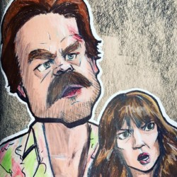 <em>Hopper and Joyce</em>, 2019. Ink and colored pencil on toned ground paper. Caricature of David Harbour and Winona Ryder as Hopper and Joyce from Stranger Things