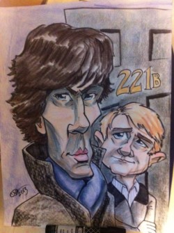 <em>Baker Street</em>, 2013. Marker and colored pencil on paper. Caricature of Benedict Cumberbatch and Martin Freeman as Sherlock Holmes and Dr. John Watson, respectively