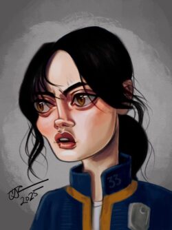 <em>Lucy MacLean,</em> 2025. Digital painting. Digital caricature of Ella Purnell as Lucy from Fallout.