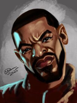 <em>M.M.,</em> 2025. Digital painting. Digital caricature of Laz Alonso as Mother’s Milk from The Boys.