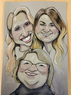 <em>Happy Retirement, Marsha!</em> 2021. Ink, watercolor, and colored pencil on toned ground paper. custom caricature commission of three women