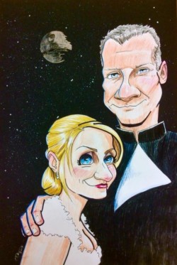 <em>Congratulations Jaime & JT!</em> 2017-18. Marker, colored pencil, and acrylic on paper. Star Wars themed custom caricature commission of newlyweds in front of a starfield with the Death Star (under construction) in the distance.