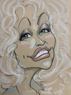 <em>Dolly,</em> 2021. Ink and colored pencil on toned ground paper. Caricature of Dolly Parton