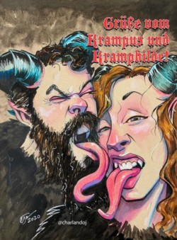 <em>John & Ange as Krampus and Kramphilde,</em>, 2020. Ink, watercolor, and colored pencil on toned ground paper. custom caricature commission of a couple as Krampus