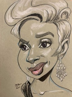 <em>Mary J. Blige,</em> 2021. Ink and colored pencil on toned ground paper. Caricature of Mary J. Blige