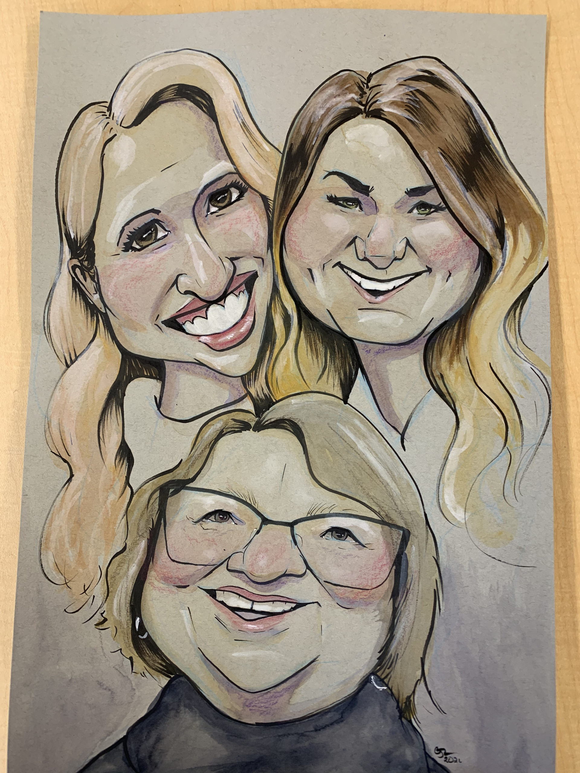 custom caricature commission of three women